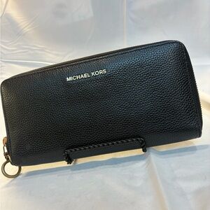 Michael Kors Black Pebbled Leather Zip Wallet with Gold Logo